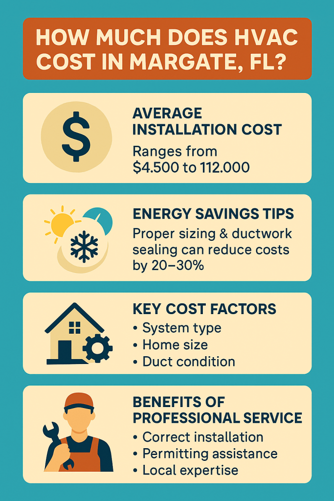 Need HVAC Installed in Margate, FL? | Get Central Air Conditioning System Cost, Price Quote & Free Online Estimate 2 Infographic titled 'How Much Does HVAC Cost in Margate, FL?' featuring average installation cost range, energy savings tips, key cost factors, and benefits of professional HVACSync service.