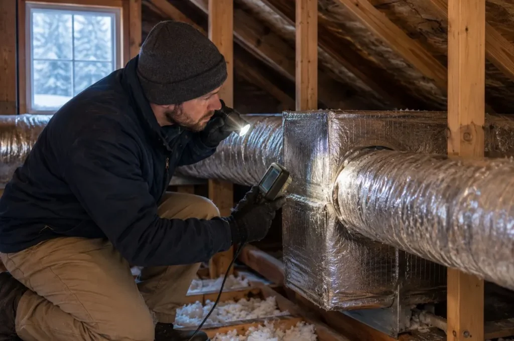 Struggling in a Cold Snap? Cold Snap Air Conditioning Airflow Tips You Need 2 HVAC technician inspecting insulated attic ductwork for leaks that may reduce air conditioning airflow during a cold snap.